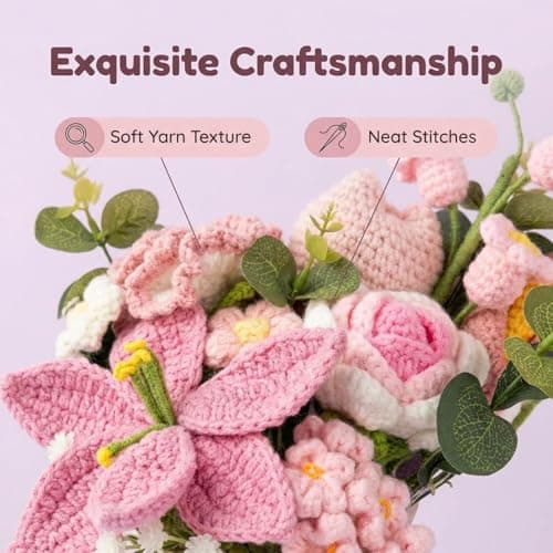 Glazeal Handmade Crochet Flower Bouquet, Artificial Crocheted Flower for Mom Grandma Girlfriend Teahcers with Flower Bag and Card - Thumbnail 4