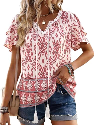 Bellcoco Womens Summer Boho Tops Short Sleeve Peplum Blouses V Neck Bohemian Shirt Tie Front Tunic Vacation Clothes Multi Pink XX-Large - Image 1