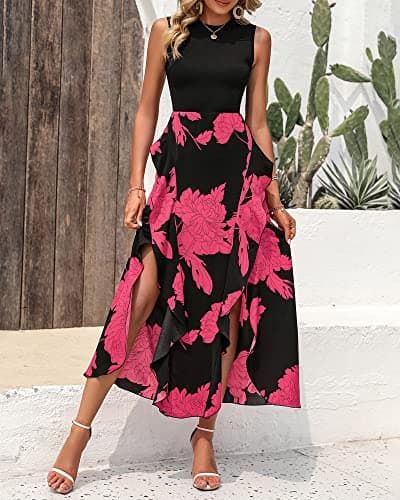 BTFBM Summer Dresses for Women 2026 Casual Spring Floral Sleeveless Ruffle Boho Cocktail Wedding Guest Party Midi Dress(Big Floral Rose Red, X-Large) - Thumbnail 3