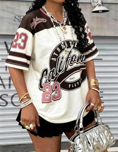 Women’s Jersey Shirts Y2k Graphic Number Oversized T Shirt Short Sleeve V Neck Casual Tees Streetwear Vintage Summer Top Brown - Thumbnail 4