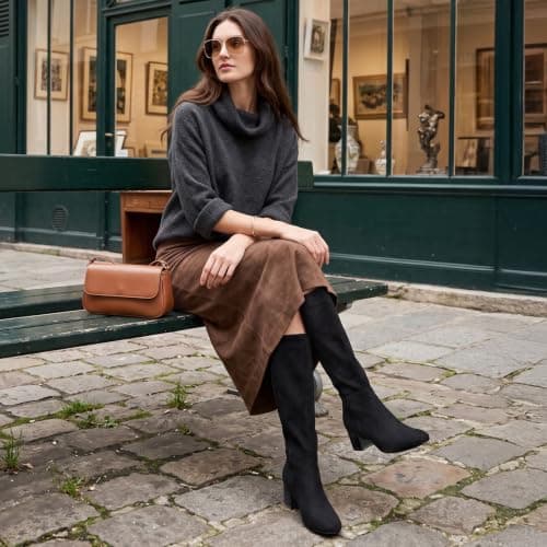 Athlefit Knee High Boots Women Chunky Heel Tall Fall Boots Black Suede 6.5 - Thumbnail 2