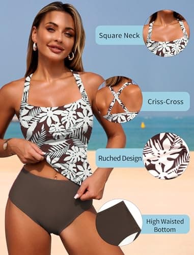 ZAFUL Two Piece Tankini Swimsuits for Women Tummy Control Bathing Suits Swim Tank Top with Bottom Girls Swimsuit Swimwear Bworn Floral L - Thumbnail 4
