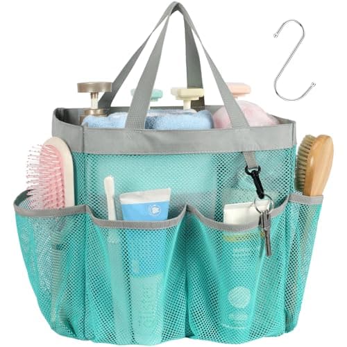 F-color Mesh Shower Caddy Portable, Upgrade Deeper 7 Pockets Shower Bag Basket Bag for College Dorm Room Toiletry Bathroom Essentials Gym Camp Quick Dry 2 handles with S Hook, Mint Green - Image 1