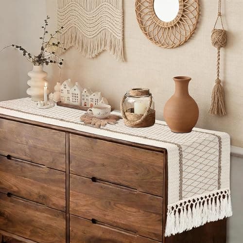 yuboo Boho Table Runner 72 Inches Long, Rustic Farmhouse Dresser Cover Top with Tassels, Dresser Runners for Bedroom,Dining Room, Spring Bohemian Table Decor - Image 1