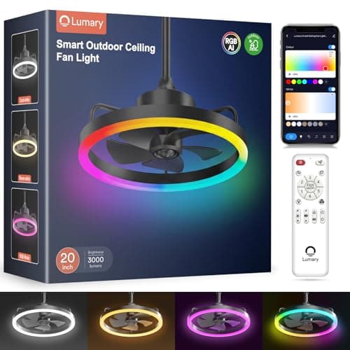 Lumary 20'' Smart Outdoor Ceiling Fans with RGBAI Lights, Wi-Fi Bluetooth Connect RGBCW, 40+ Scene Mode, Work with Alexa Google, Waterproof Hanging fan with Remote/APP/Voice Control for Patios, Gazebo