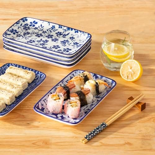 vancasso Selene 8.5 Inch Rectangular Salad Plates Set of 6, Ceramic Salad Plates for Sushi, Dessert, Appetizer, Porcelain Platters for Kitchen Decor, Microwave & Oven Safe, Vintage Blue & White Color - Thumbnail 2