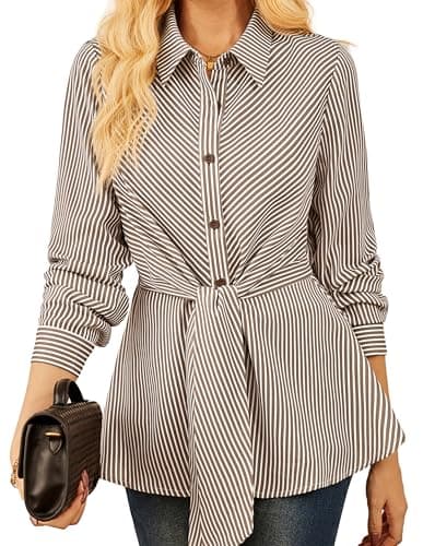 GRACE KARIN Peplum Tops for Women Tie Front Striped Button Down Shirt Collared Long Sleeve Business Casual Work Office Blouse Brown - Image 1