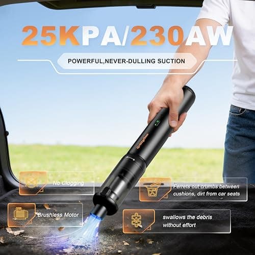 GrittyOne Car Vacuum Portable Cordless,25,000Pa Handheld Vacuum Cordless,70-Min Extra-Long Battery Life,Fantastic Suction, HEPA Filters, Maneuverable, Versatile Crevice Tools,for Car and Home, Black - Thumbnail 2