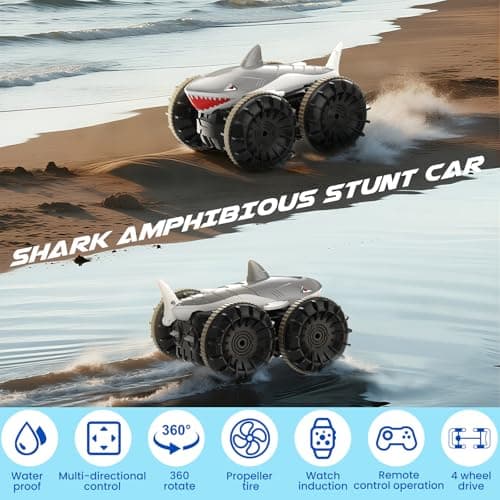 SIMREX Shark Amphibious Remote Control Car - Gift for Kids Boys Girls, 4WD Waterproof RC Car, 360° Stunt, Dual Remote Control, 50m Long Range, 2 Rechargeable Batteries (Silver) - Thumbnail 2