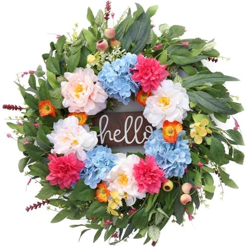 AMORISE 24" Peonies Wreaths for Front Door with Blue Hydrangea, Peonies, Dahlia, Phalaenopsis, Spring&Summer Outdoor Artificial Flowers for Wedding, Front Door Porch Yard Patio Home Decor - Image 1