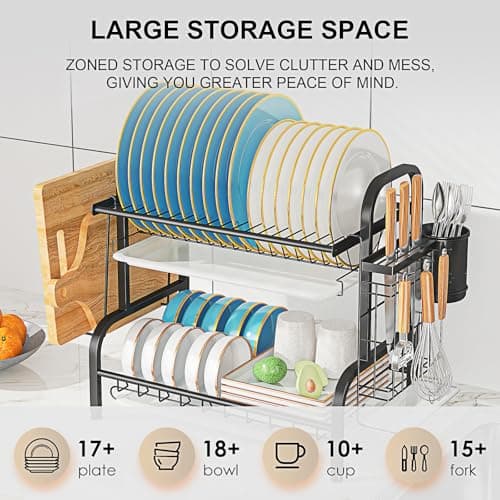 LEGUANG Dish Drying Rack, 2-Tier Stainless Steel Dish Rack for Kitchen Counter or Over Sink, Space Saving Organizer with Removable Drainboard,Home and Appartment Decor, Black - Thumbnail 3