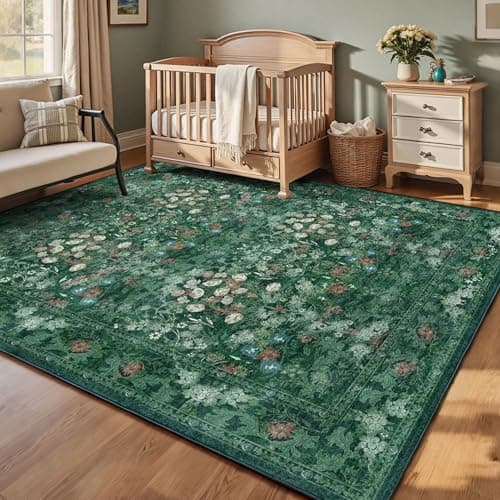 Green Boho Living Room 5x7 Area Rug, Floral Washable Vintage Distressed Rug for Dining Room Under Table, Bedroom, Nursery, Home Office - Low Pile Non Slip Art Deco Carpet, Farmhouse Accent Mat - Thumbnail 4
