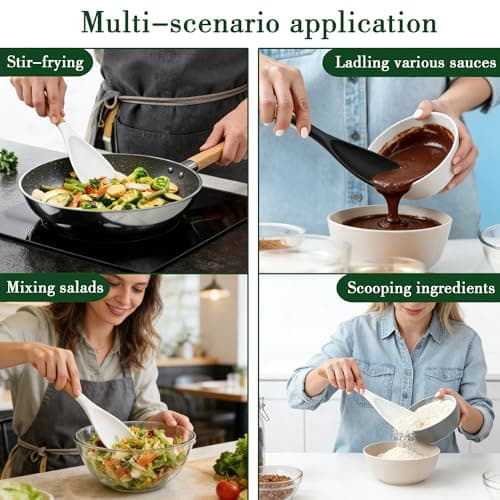 Silicone Cooking Spoon for Nonstick Cookwares - Heat Resistant Silicone Spatula & Serving Spoon, BPA-Free Wood Handle Spoon for Mixing Scoop Scrape, Kitchen Utensils Set Alternative(Black+White) - Thumbnail 4