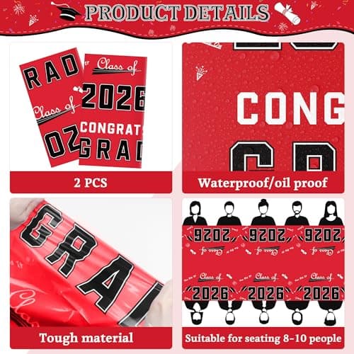 OHOME Graduation Party Decorations 2026 - Plastic Red Tablecloth for Graduation Decorations Class of 2026 - Party Favors Supplies Banner,2 Pack - Thumbnail 3