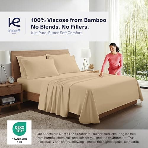 Kickoff Viscose Bamboo Sheets Full Size 4-pc 100% Organic Bamboo Viscose Bed Cooling Sheets Full Size Set Cool Bedding for hot Sleepers Sheet Set - Gift Ready Packaging (Beige, F) - Thumbnail 3
