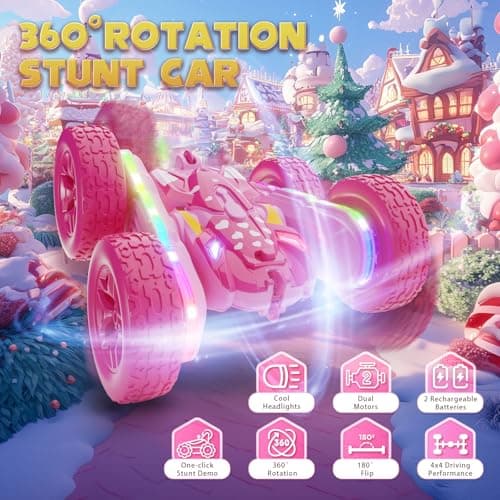 Terucle Remote Control Car for Girls, Pink RC Cars Stunt RC Car Girl Toys for Girls Double-Sided 360° Rotating with Headlights 4WD Kid Toys for Birthday Gifts (Pink) - Thumbnail 2