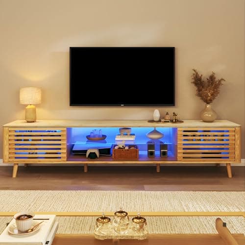 HUAHUU 70" TV Stand for 55/65/75 Inch TV, Faux Marble Top Entertainment Center with Slatied Sliding Door & LED Lights, Mid Century Modern Style, Low TV Console with Glass Shelves for Bedroom - Thumbnail 5