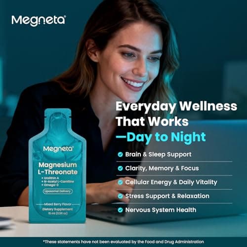 MEGNETA Magnesium L-Threonate Liquid, 2000mg Magnesium L-Threonate, Liposomal for High Absorption, with Urolithin A, N-Acetyl L-Carnitine & Omega-3, Brain, Memory, Focus & Sleep Support, 30 Pouches - Thumbnail 3