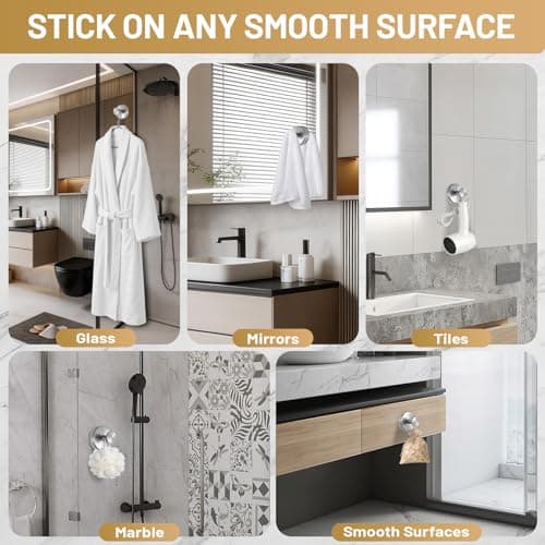 Fenas Large Suction Cup Hooks, Heavy Duty 15lb Holds Towel & Robe, No-Drill Shower Bathroom Hooks for Tile Wall Glass Mirror, Mounts on Smooth Non-Porous Surfaces (2 Pack, Brushed Nickel) - Thumbnail 3