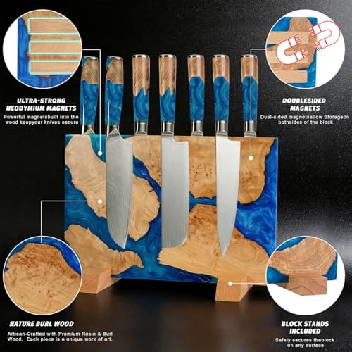 Premium Artisan Magnetic Knife Block - Double Sided 20 Knife Holder - Handcrafted Burl Wood & Blue Resin River Design - Stable Countertop Stand - Professional Kitchen Storage(No Knife) - Thumbnail 3