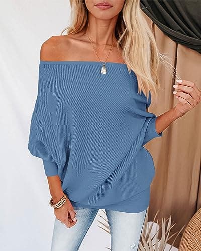 Zenlonr Women's Fall Sweaters 2026 Casual Long Batwing Sleeve Loose Off Shoulder Knit Pullovers Jumper Tops(Blue,Large) - Thumbnail 4