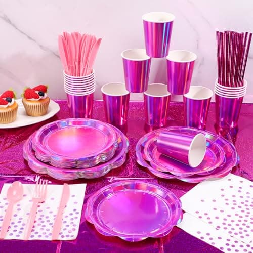 NatNarr 200 Pcs Pink Plates and Napkins Party Supplies, 25 Guest Scalloped Iridescent Pink Plates Napkins Cups Set Holographic Pink Party Decorations for Birthday, Mermaid, Disco Party - Thumbnail 3