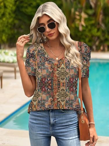 ATHMILE Womens Short Sleeve Tops V Neck Puff Summer Shirts School Teacher Outfits Spring Fall Tunic Fashion Trendy 2026 - Thumbnail 3