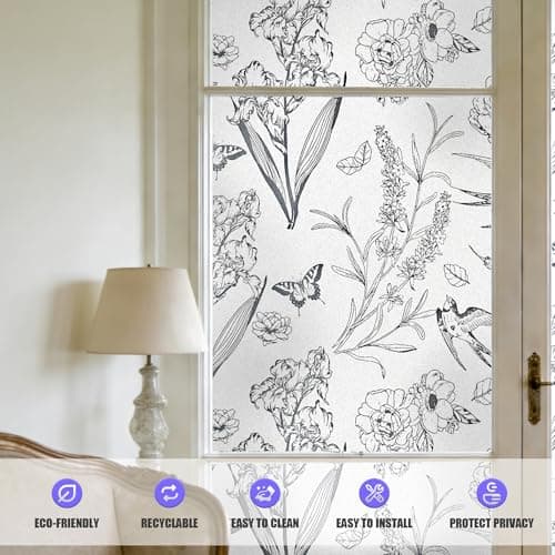 TAVIACHY Black White Floral Bird Static Cling Privacy Window Film, Frosted Decorative Glass Sticker, No Glue Removable UV Protection with Tool Kit for Bathroom Bedroom Door Glass 23.6" x 78.7" - Thumbnail 2
