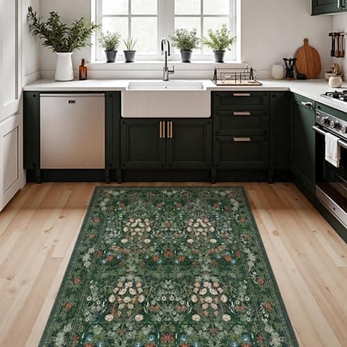 Green Boho Floral 3x5 Rugs for Large Entryway, Farmhouse Botanical Washable Area Rug for Dorm, Bedroom Bedside, Foyer, Kitchen, Laundry - Cottagecore Distressed Carpet, Low Pile Non Slip Mat - Thumbnail 3