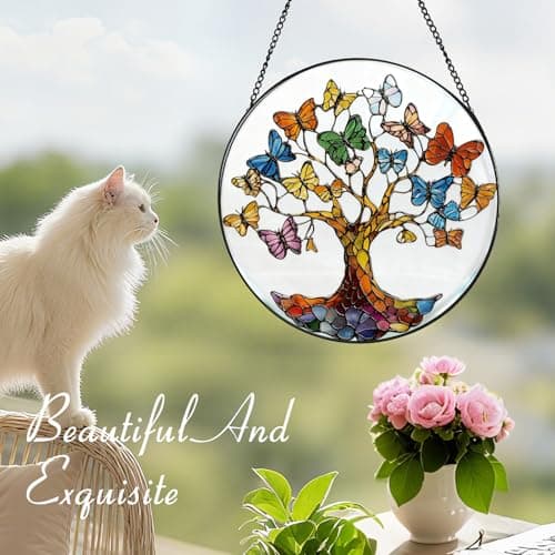 Zizzie Stained Glass Tree of Life Suncatcher - 7.9" Real Glass Blue Butterfly Leaves Window Hanging, Weatherproof Spiritual Rebirth Decor, Sympathy Memorial Healing Gift for Mom Women - Thumbnail 6