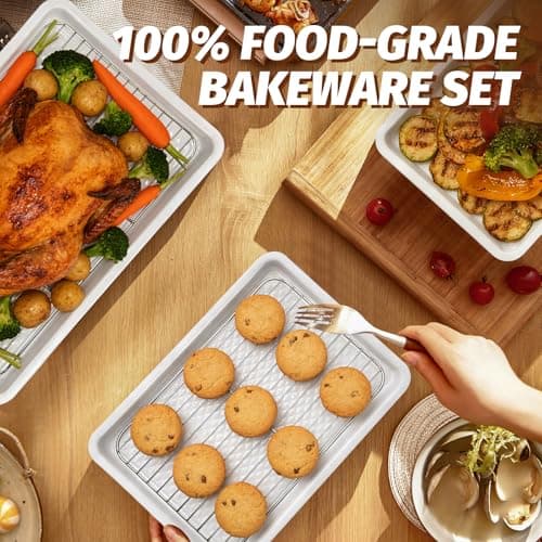 Ymiton Nonstick Ceramic Baking Sheet With Rack, 2-Pack Half Sheet Pan, Non-Toxic, PTFE & PFOA Free, Warp-Free, Oven Safe 550°F, Dishwasher Safe, Aluminized Steel, Gray Yellow - Thumbnail 3