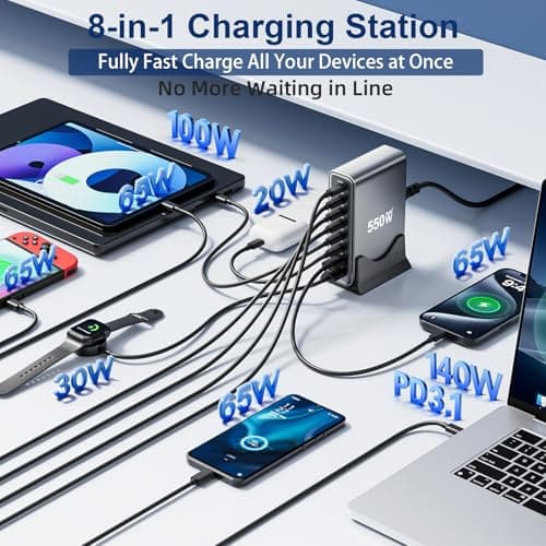 550W USB C Fast Charger Block, PD3.1 140W 8 Port USB Charging Station, GaN Ⅲ Pro PD PPS Fast Charging Station for Multiple Devices,Laptop Wall Charger Compatible with iPhone 17/iPad/MacBook etc - Thumbnail 2
