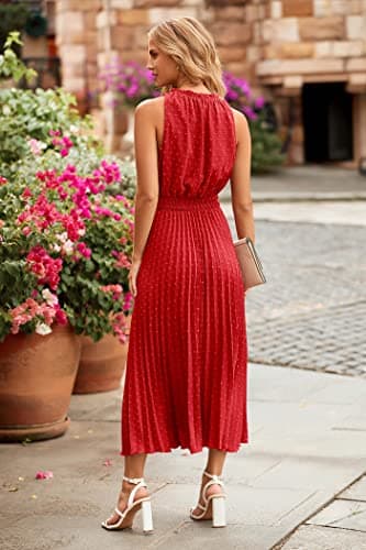 PRETTYGARDEN Women's Midi Summer Dresses Casual V Neck Swiss Dot Ruffle Sleeveless A Line Beach Sun Dress (Red,Small) - Thumbnail 4