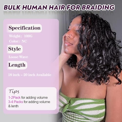 MsFan Boho Hair for Braiding Loose Wave Braiding Hair for Boho Braids 100% Virgin Human Braiding Hair 100G Boho Human Hair NC 18 Inch - Thumbnail 2