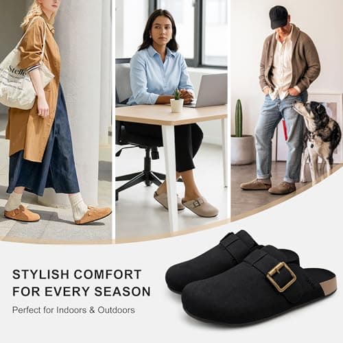 Stelle Suede Clogs for Women Men Potato Shoes with Arch Support Leather Cork Footbed Mules Slip on Home Slippers(Black,11) - Thumbnail 6