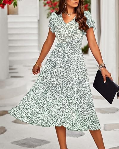 BTFBM Women Casual Summer Short Ruffles Tiered Sleeve Smocked Midi Dresses Bohemian Floral V Neck Wedding Guest Long Dresses - Thumbnail 2