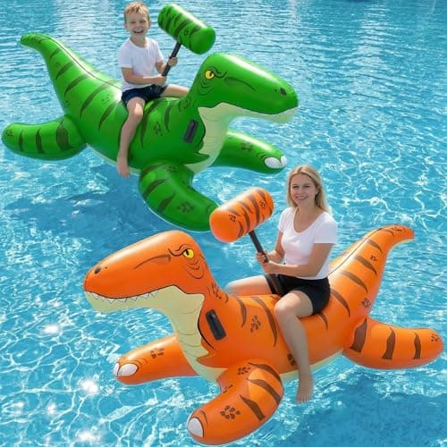 Jasonwell Pool Games Toys Floats -2Pack Inflatable Dinosaur Pool Floats with Blow Up Toy Hammers Ride on Pool Floaties for Kids Teens Adults Lounge Raft Summer Lake Beach Party Decorations (GN&Org XL) - Image 1