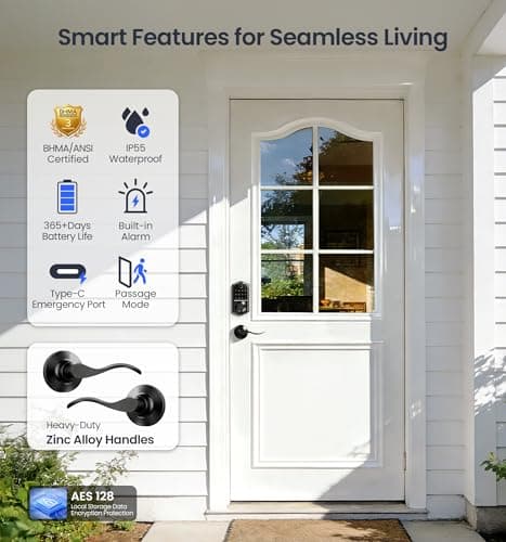 Veise VE017-L Fingerprint Smart Lock with Lever Handles, App Control, Keyless Entry Front Door Lock Set, Electronic Digital Keypad Deadbolt, Remote Grant, Emergency Power Port, Auto Lock, Matte Black - Thumbnail 5
