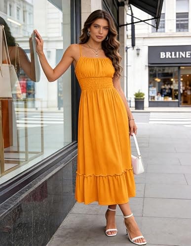 GRACE KARIN Women's Summer Maxi Dress 2026,Smocked Ruched Bust Sundress with Adjustable Straps & Pockets Mustard Yellow XL - Thumbnail 3