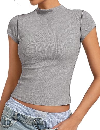 Womens Cap Sleeve Tops, Mock Neck Raw Hem Shirts, Ribbed Y2K Going Out Crop Top, Trendy Fitted Soft Tshirts(Grey, S) - Image 1