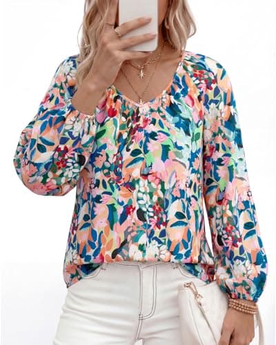 Zenlonr Women's Summer Tops Dressy Casual 2026 V Neck Satin Silk Printed Shirts Boho Long Sleeve Work Blouses(Floral Blue Green,Large) - Thumbnail 5