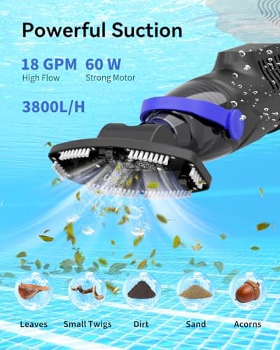 2026 Upgraded Pool Vacuum for Above Ground, 18 GPM Powerful Suction Cordless Pool Cleaner, 60Min Runtime Handheld Rechargeable Pool Vacuum with 3-Head Cleaning System & 300/500 Mesh Filters - Thumbnail 2