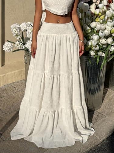 ZAFUL Women’s Summer Boho Maxi Skirts Bohemian Print Smocked High Wasited Flowy Tiered Ruffle Long Beach Skirt 1-White XS - Thumbnail 4