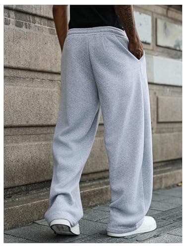 VIPWOLF Men's Stacked Baggy Sweatpants Drawstring Waist Straight Leg Track Pants Streetwear Grey Loose Solid Medium - Thumbnail 3