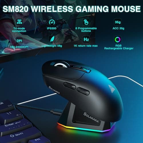 SOLAKAKA SM820 Wireless Gaming Mouse with RGB Charging Dock,24000 DPI Tri-Modes Wireless Mouse with 2 Side Buttons,Programmable Macro Mouse for Gaming(Black) - Thumbnail 2