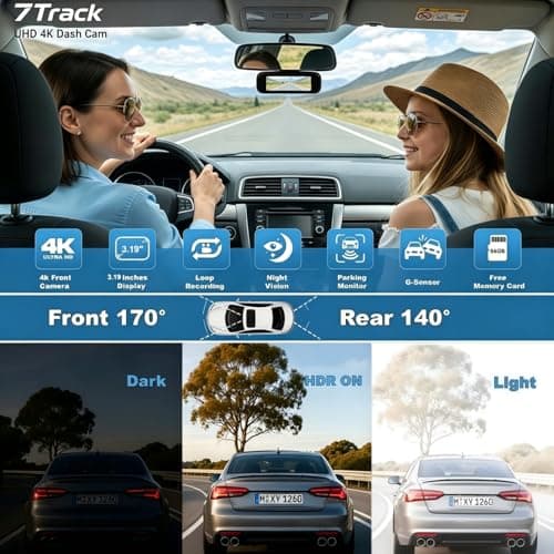 Dash Cam Front and Rear, 4K+1080P Dash Camera for Cars, 7Track Dual Car Camera with WiFi & APP Control, 64GB Card, 3.19" IPS Screen, HDR, Night Vision, G-Sensor, Parking Mode, Loop Recording - Thumbnail 2