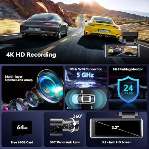 4K Dash Cam Front and Rear,with 64GB Card,Built in 5.8GHz WiFi & GPS Car Camera,Super Night Vision,Advanced Driver Assistance System,3.2'IPS Screen,24H Parking Mode,Time-Lapse,Loop Recording - Thumbnail 3