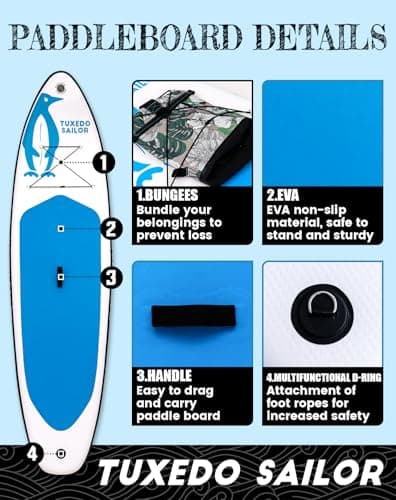 Tuxedo Sailor 10'6"×33"×6" Inflatable Stand Up Paddle Board with SUP Accessories, Anti-Slip EVA Deck and Large Fin, Paddle Boards for Adults & Youth of All Skill Levels - Thumbnail 3