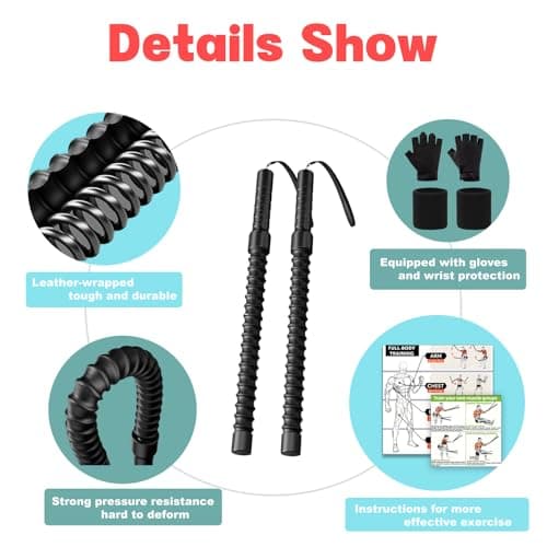 Ropeless Battle Ropes – Weighted Portable Workout Ropes for Home Gym, Cordless Jump/Arm Exerciser with Non-Slip Gloves & Training Poster – HIIT, Low-Impact Cardio & Strength/Muscle Training(2PCS) - Thumbnail 2