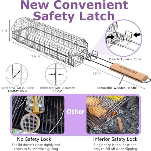 GAUYEBY Rolling Grill Basket, Grilling Baskets for Outdoor Grill, REMOVABLE HANDLE, Anti-Scorch Stainless Steel BBQ Net Tube for Meat, Shrimp, Vegetables, BBQ Gifts for Dad, Husband (Octagon) - Thumbnail 5